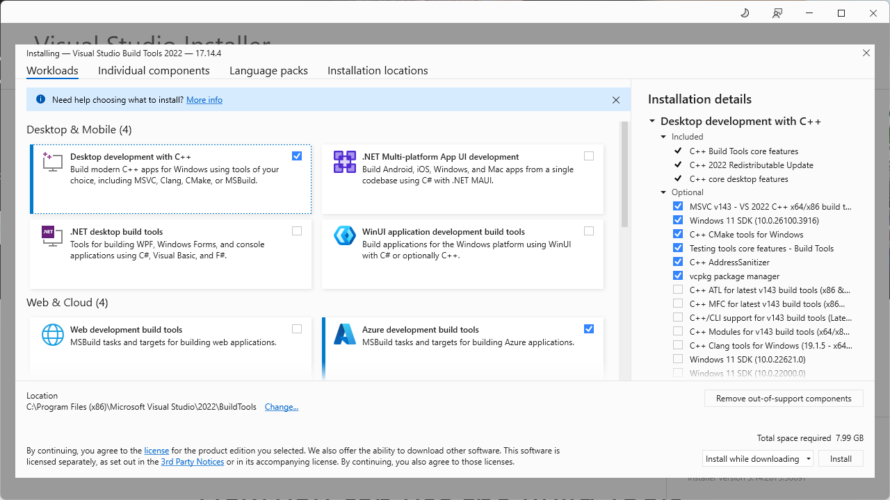 Visual Studios Installer Screen